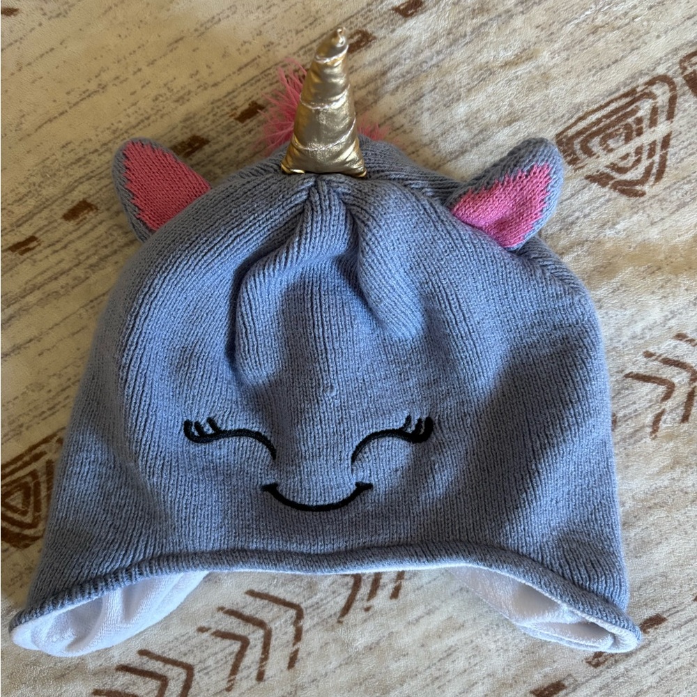 Unicorn Knit Hat for Kids - Gray and Pink with Gold Ears and Pink Back